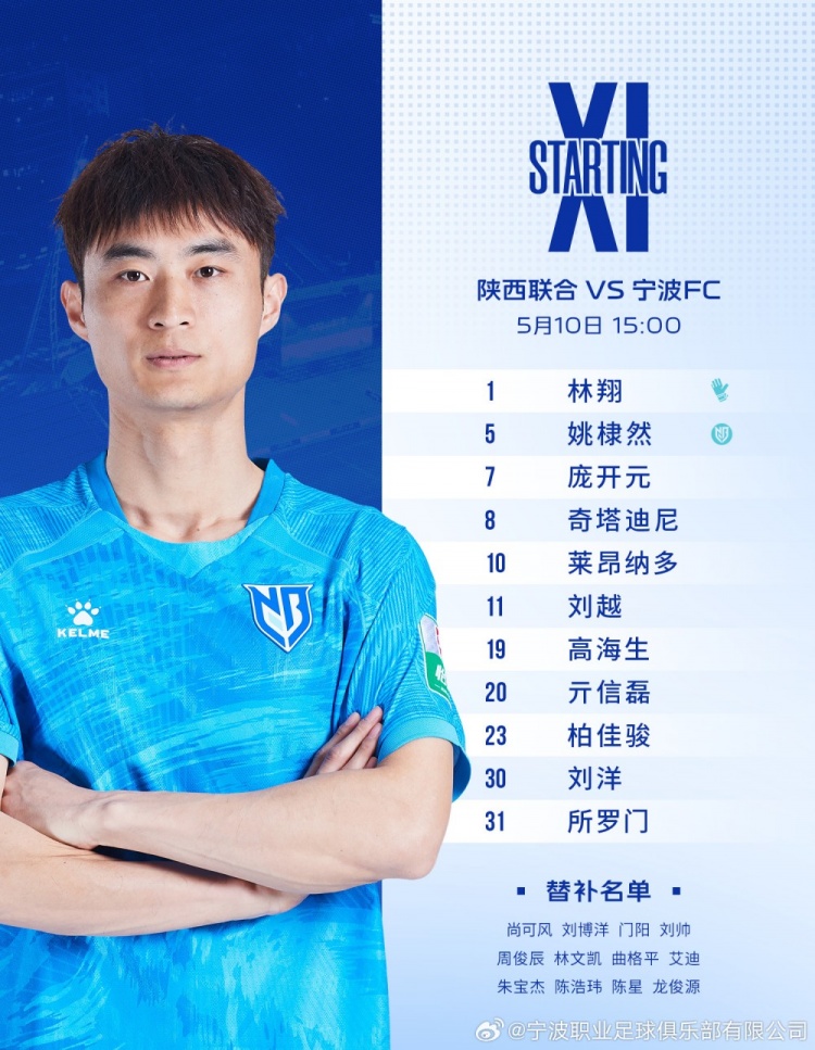 陕西联合客战宁波FC:姚棣然戴队长袖标 莱昂纳多伤愈首发