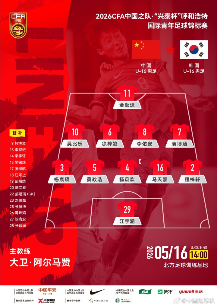 U16国足争冠战首发:吴比乐袁博涵领衔 中韩青年军呼和浩特决战